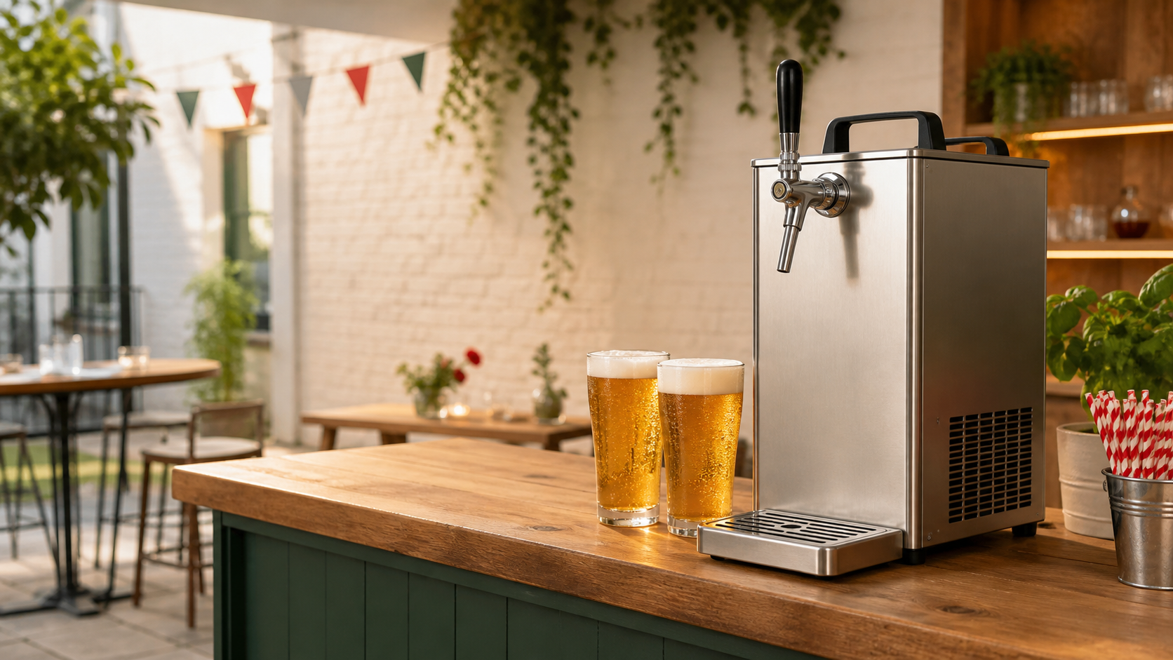 Lindr beer dispenser with two pints at an event bar